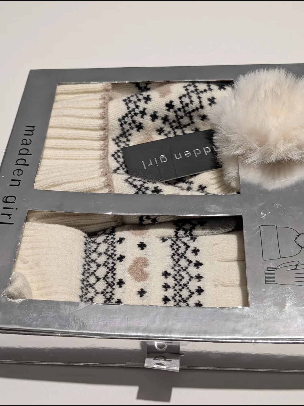 Madden Girl Cream Knit Beanie & Gloves Pom Winter Set NIB